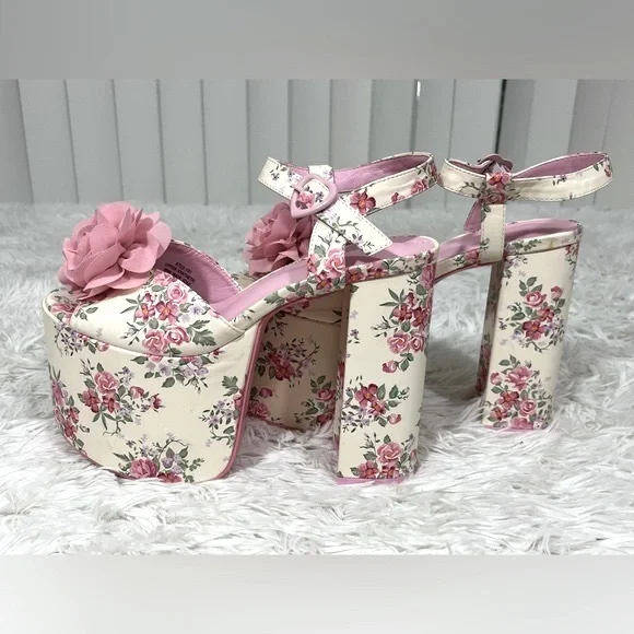 SUGAR THRILLZ Oh What A Night Floral Print Peep Toe Platform Heels White  Pink